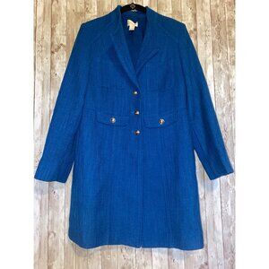 Chicos Blue Textured Wool Blend Mid-Length Coat Gold Button Front Pockets Small